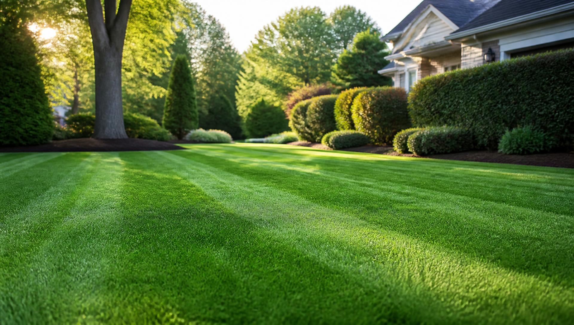 Freshly mowed green lawn with mower stripes in front of a suburban home